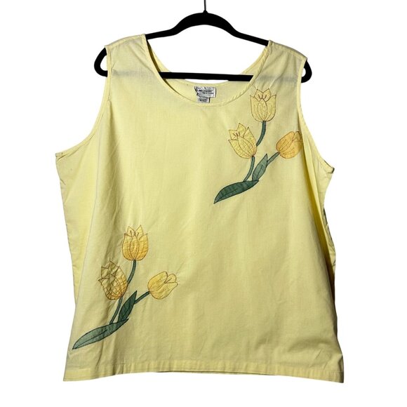 Lemon Yellow Embroidered Tulips Tank Top, 100% Cotton, New York Boutique, 2X - Picture 1 of 8